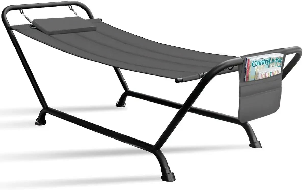 Cozy Hammock Bed- Patio Hammock with Stand w/Pillow and Storage Pockets- Heavy Duty 500lbs Support- Durable Outdoor Hammo