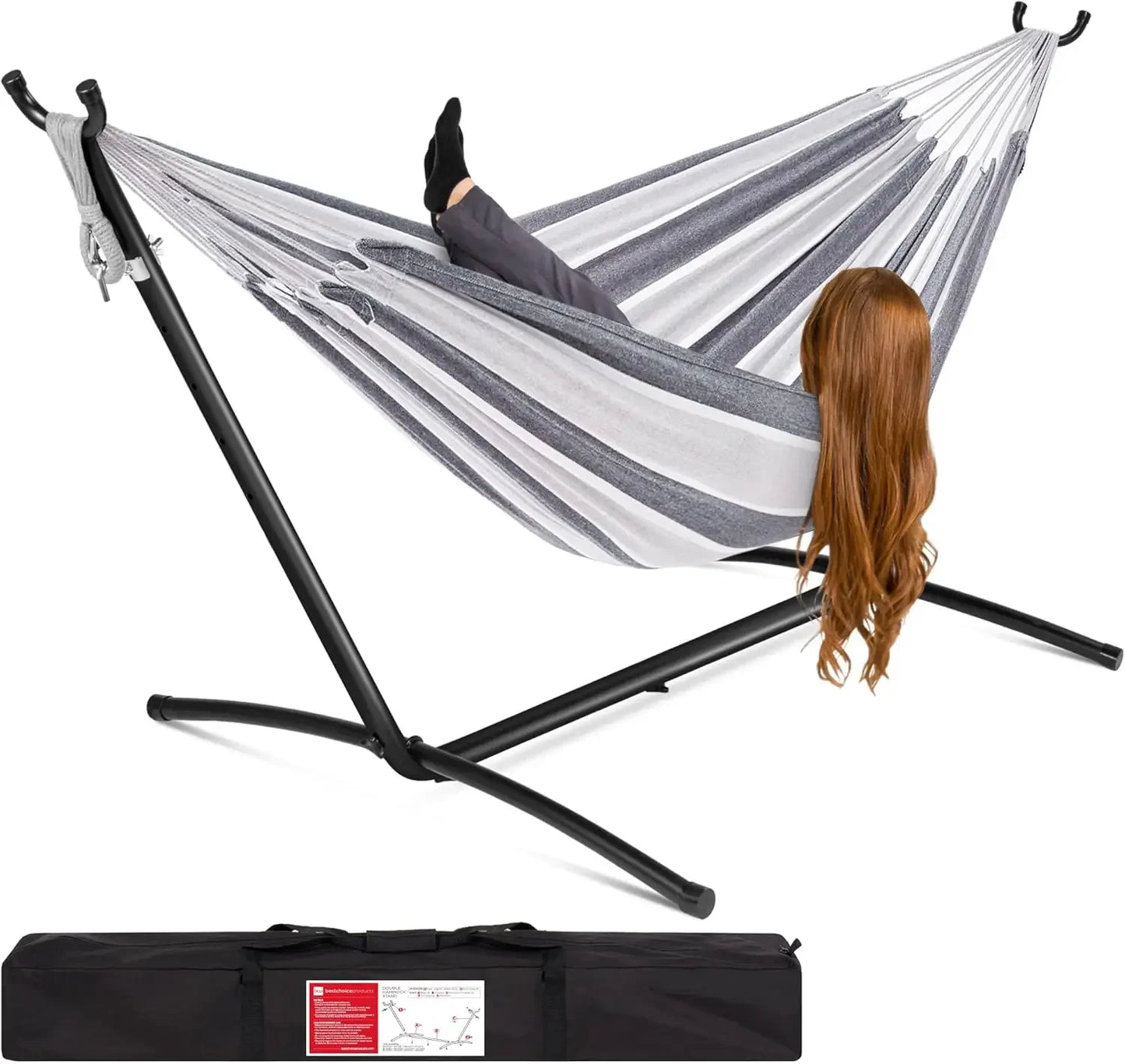 Double Hammock with Steel Stand, Indoor Outdoor Brazilian-Style Cotton Bed w/Carrying Bag
