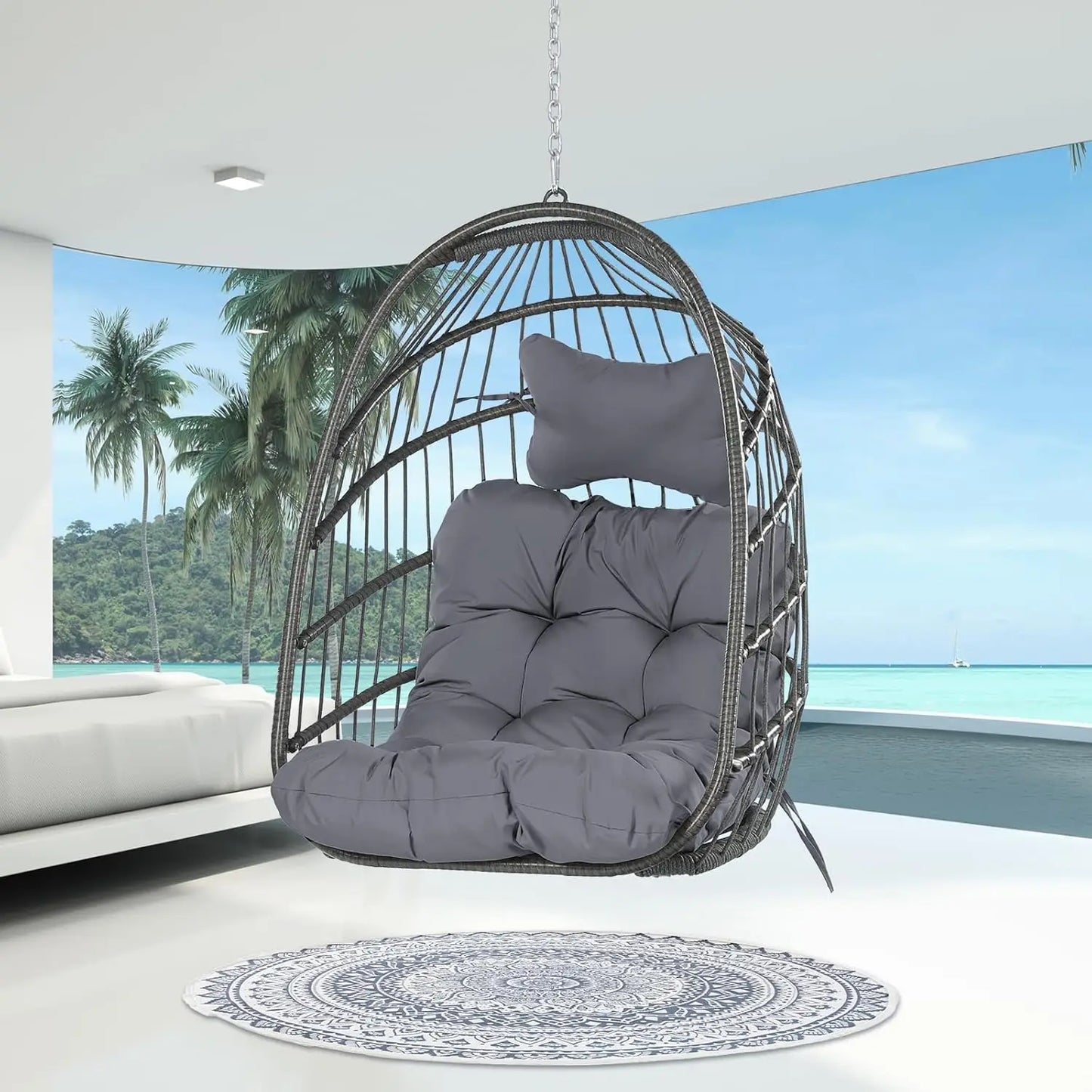 Swing Egg Chair Outdoor Indoor, Patio Wicker Hanging Egg Chairs with Stand, Swinging Hammock with Padded Cushions,