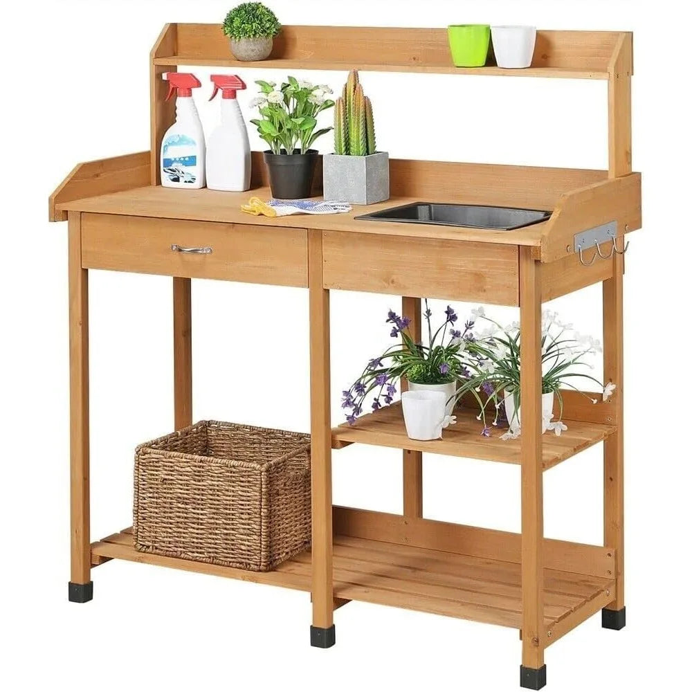 Potting Bench Table Patio Outdoor Garden Work Station Planting Shelf Sink Drawer Solid Wood Construction, Deck, Balcony  (Color
