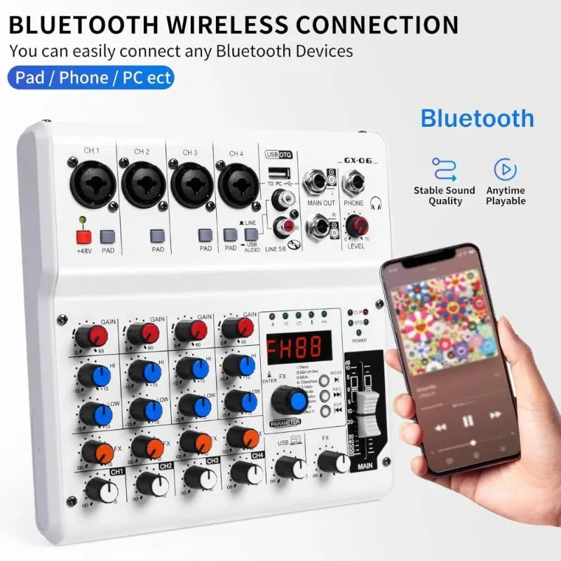 NEW 6-Channel Audio Mixer with 99 Sound Effects for PC,Portable Sound Mixing Console with Bluetooth USB Recording Input