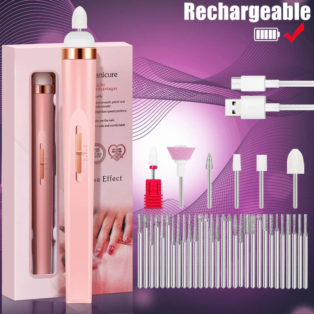 LULAA Portable Nail File Care Electric Nail Drill with 5 Attachment Drill Bits USB Charge for Manicure and Pedicure Tools
