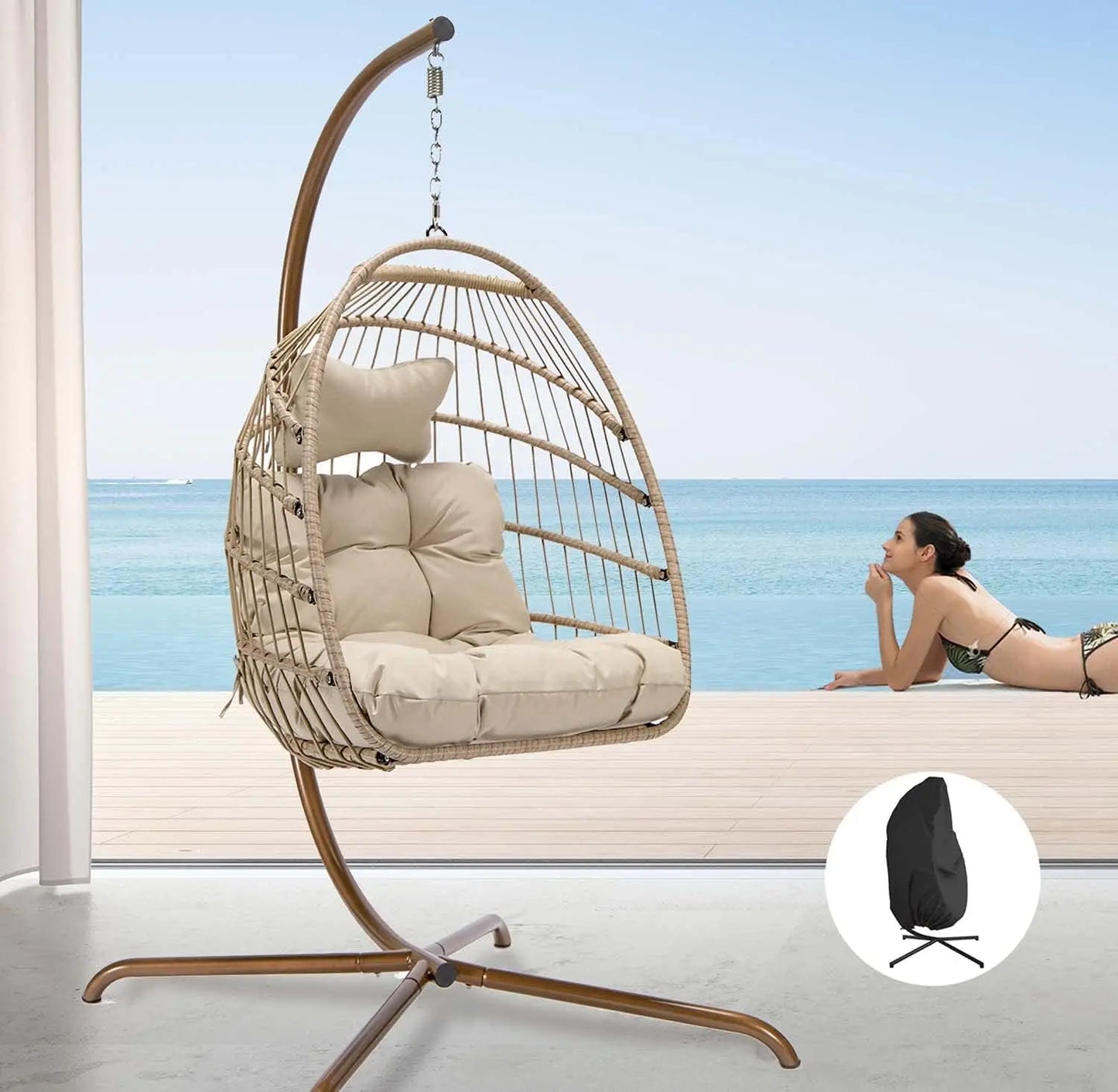 Swing Egg Chair Outdoor Indoor, Patio Wicker Hanging Egg Chairs with Stand, Swinging Hammock with Padded Cushions,