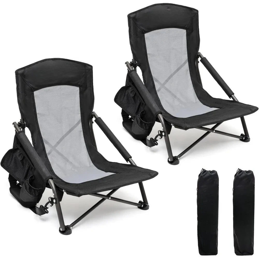 Folding Low Camping Beach Chair 2 Pack, Lightweight Portable Lawn Chair with Mesh Back, Cup Holder for Outdoor/Travel/Picnic