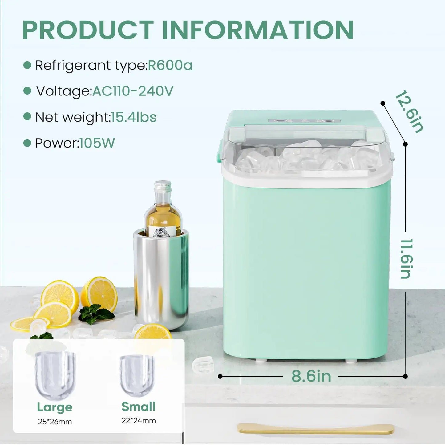 Countertop Ice Maker, Machine Self-Cleaning, 2 Sizes Bullet Ice, Portable Ice Machine with Ice Scoop, Basket and Handle, Green