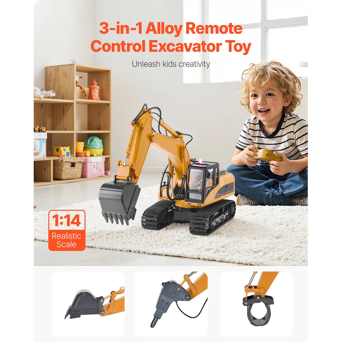 SucceBuy 2.4G Remote Control Excavator Dump Truck 3 in 1 RC Model Car Digger Toy with Light & Sound Construction Vehicle for Kid