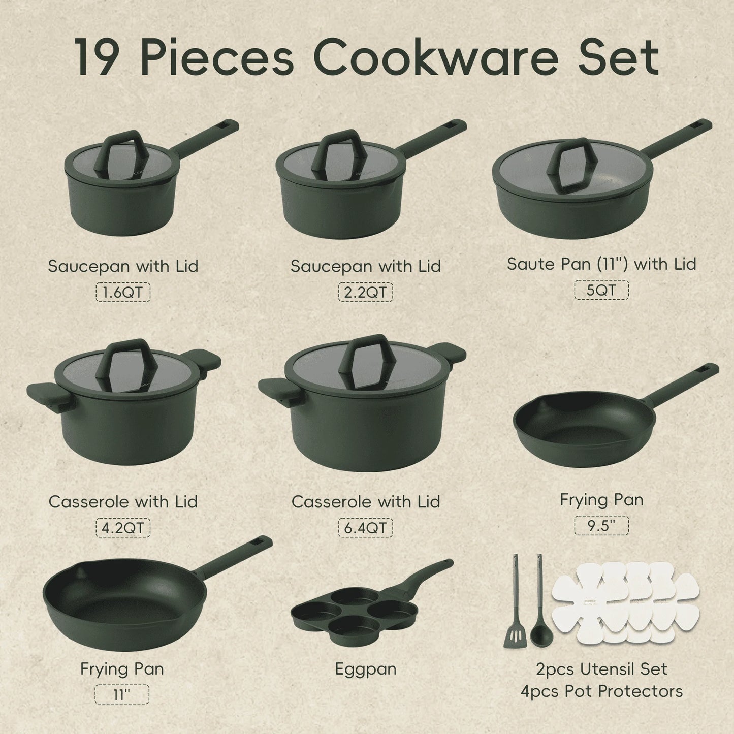 19 Pcs Nonstick Cookware Sets, Non Stick Pots and Pans Set, Induction Cookware, Dark Green