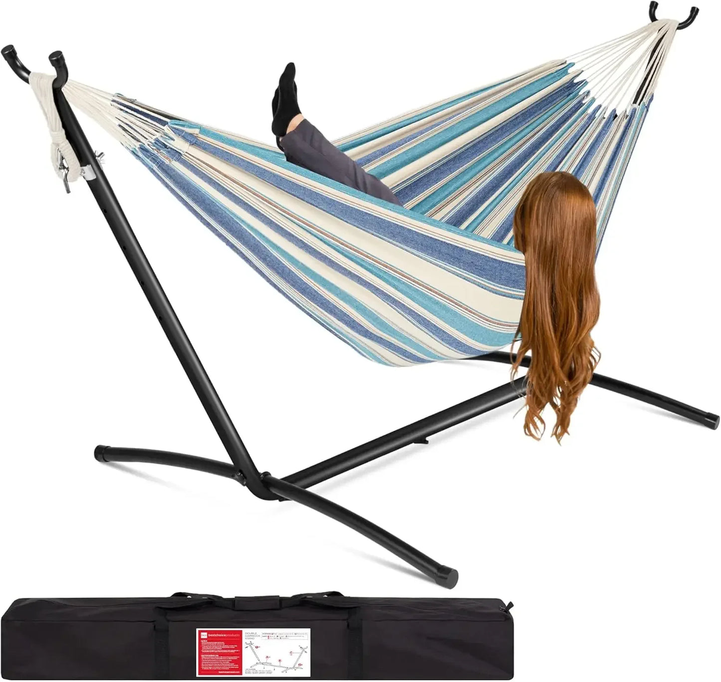 Double Hammock with Steel Stand, Indoor Outdoor Brazilian-Style Cotton Bed w/Carrying Bag