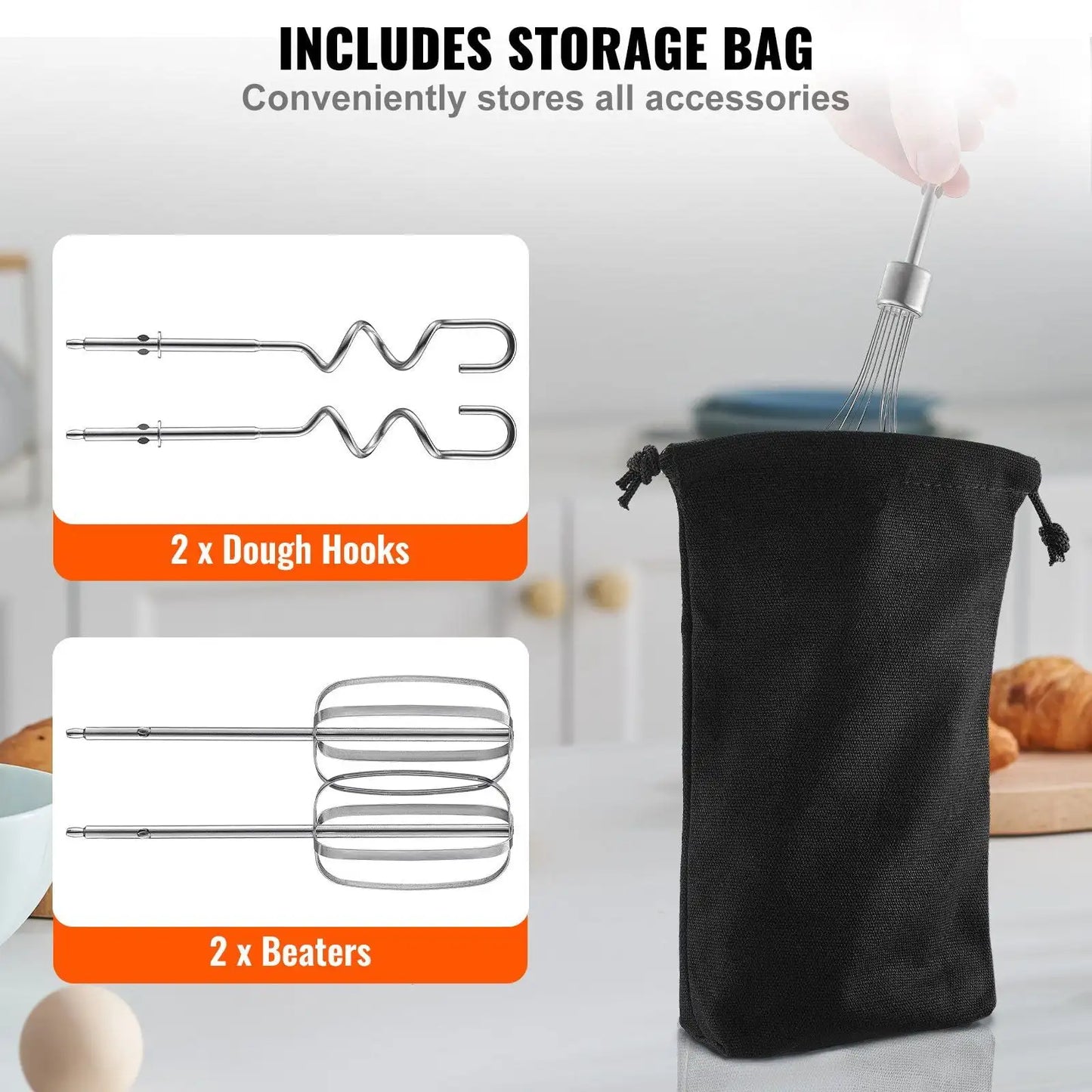 Cordless Electric Hand Mixer, 250W, with Turbo Boost Beaters Dough Hooks Storage Bag for Whipping Mixing Egg Cookie Cake Cream
