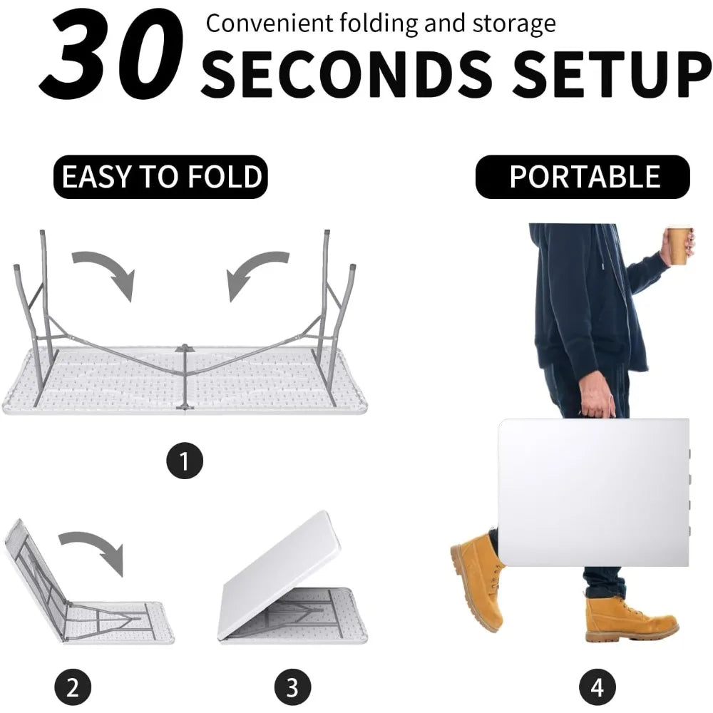 Folding Table 6FT, No Assembly Required Outdoor Picnic Table Thickened HDPE Panel, Office Foldable Table with Handle & Lock for