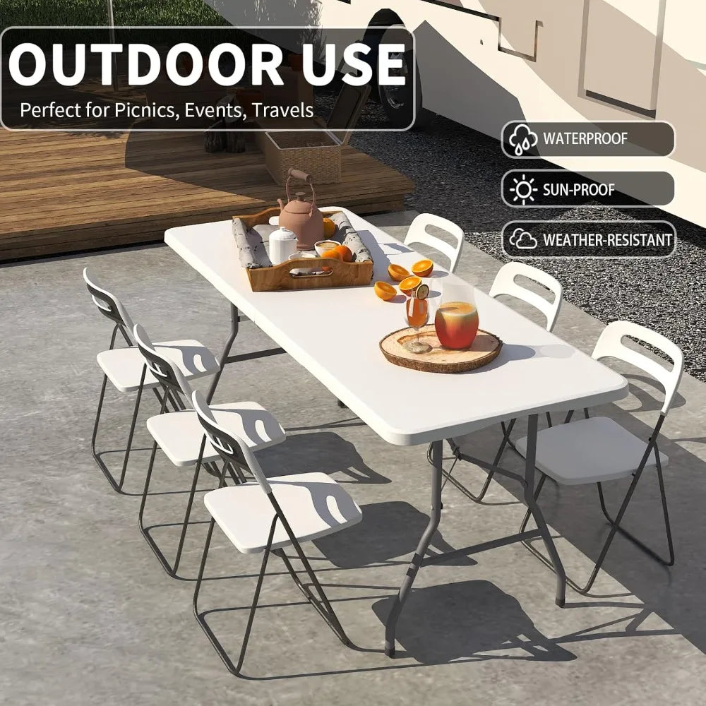 Folding Table 6FT, No Assembly Required Outdoor Picnic Table Thickened HDPE Panel, Office Foldable Table with Handle & Lock for