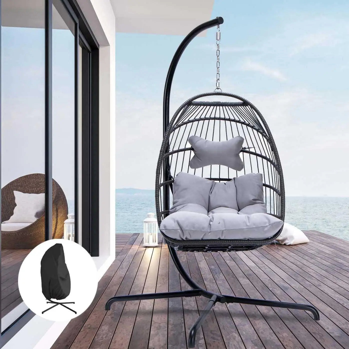Swing Egg Chair Outdoor Indoor, Patio Wicker Hanging Egg Chairs with Stand, Swinging Hammock with Padded Cushions,