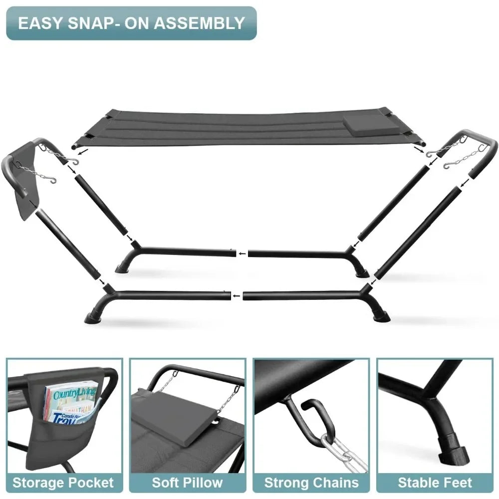 Cozy Hammock Bed- Patio Hammock with Stand w/Pillow and Storage Pockets- Heavy Duty 500lbs Support- Durable Outdoor Hammo
