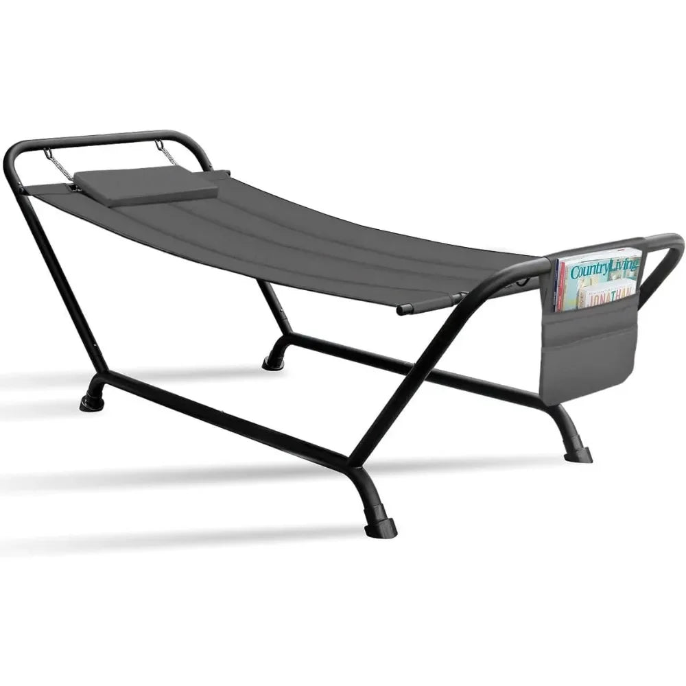 Cozy Hammock Bed- Patio Hammock with Stand w/Pillow and Storage Pockets- Heavy Duty 500lbs Support- Durable Outdoor Hammo
