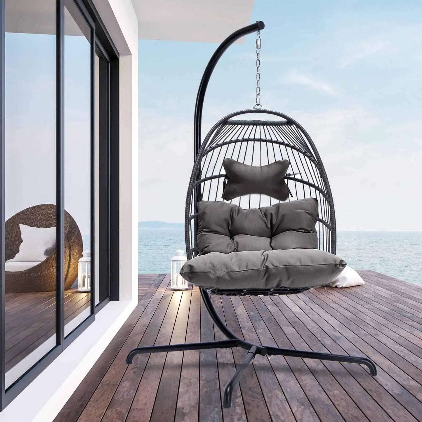 Swing Egg Chair Outdoor Indoor, Patio Wicker Hanging Egg Chairs with Stand, Swinging Hammock with Padded Cushions,