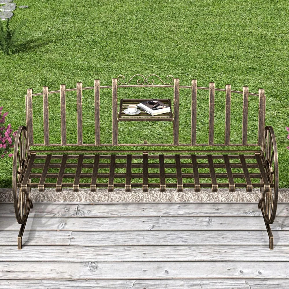 Outdoor Bench Patio Outdoor Garden Bench with Built-in Table, Wagon Wheel Arms, 3 People Outdoor Bench Garden Bench Front Porch