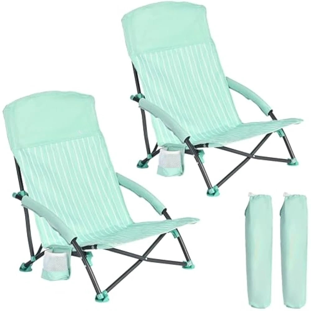 Folding Low Camping Beach Chair 2 Pack, Lightweight Portable Lawn Chair with Mesh Back, Cup Holder for Outdoor/Travel/Picnic