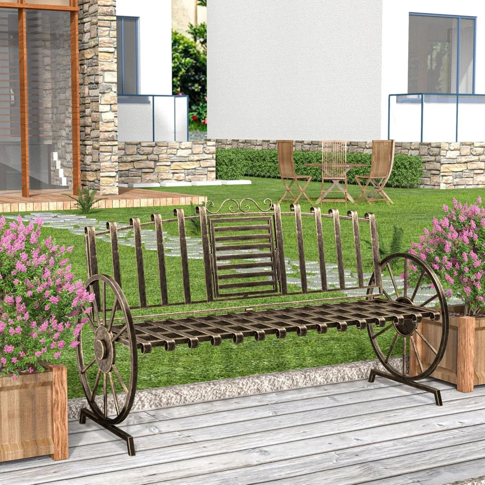 Outdoor Bench Patio Outdoor Garden Bench with Built-in Table, Wagon Wheel Arms, 3 People Outdoor Bench Garden Bench Front Porch