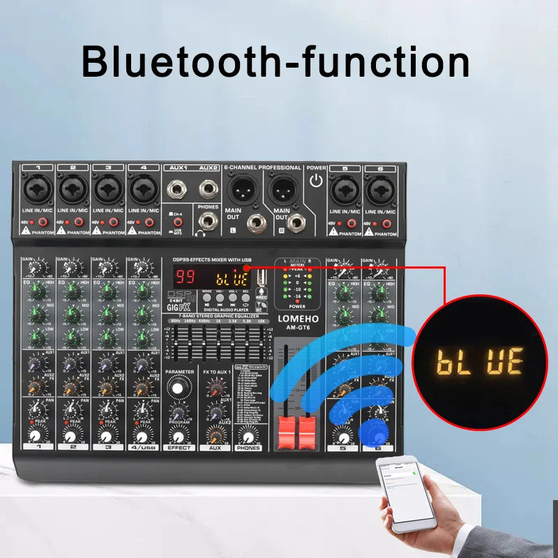 Lomeho 6 Channels Mixing Console Mono 99 Digital Effect USB Sound Table Record Bluetooth 48V 2 AUX Audio Mixer Dj Karaoke AM-GT6