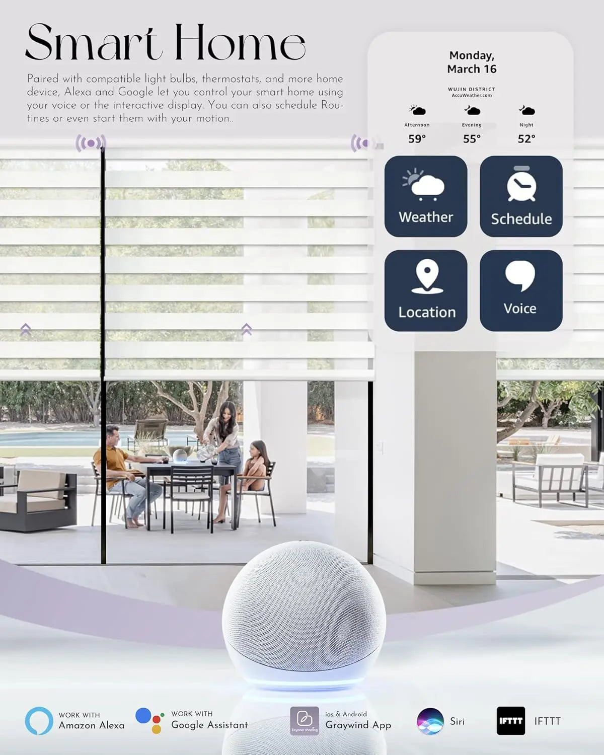 Motorized Zebra Blinds Compatible with Alexa Google WiFi Hardwired Smart Horizontal Window Blind Remote Control Light Filtering