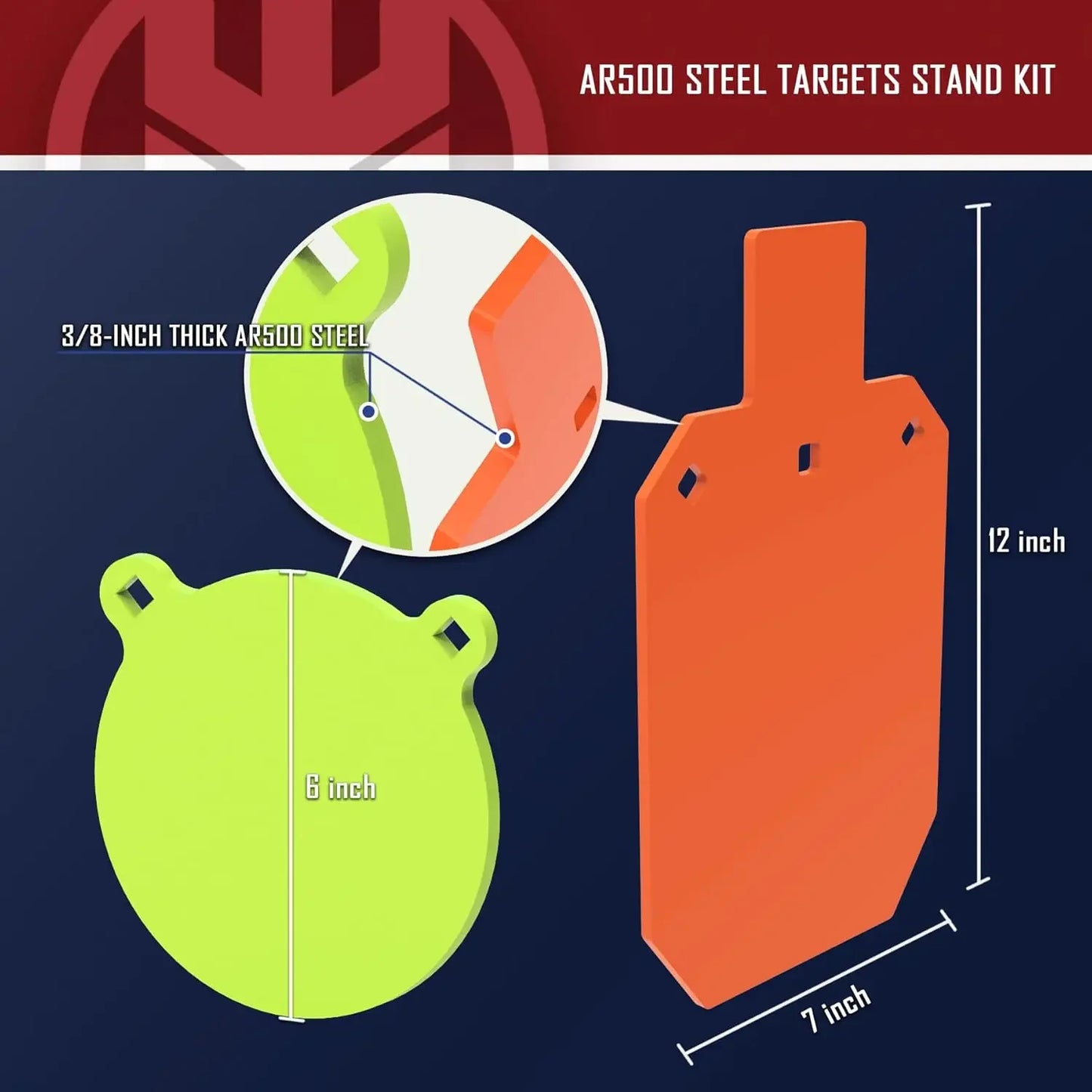 AR500 Steel Target for Shooting Target Stand System Kit, 3/8" Thick 7"x 12" Silhouette Target, 3/8" Thick 6" Gong Target