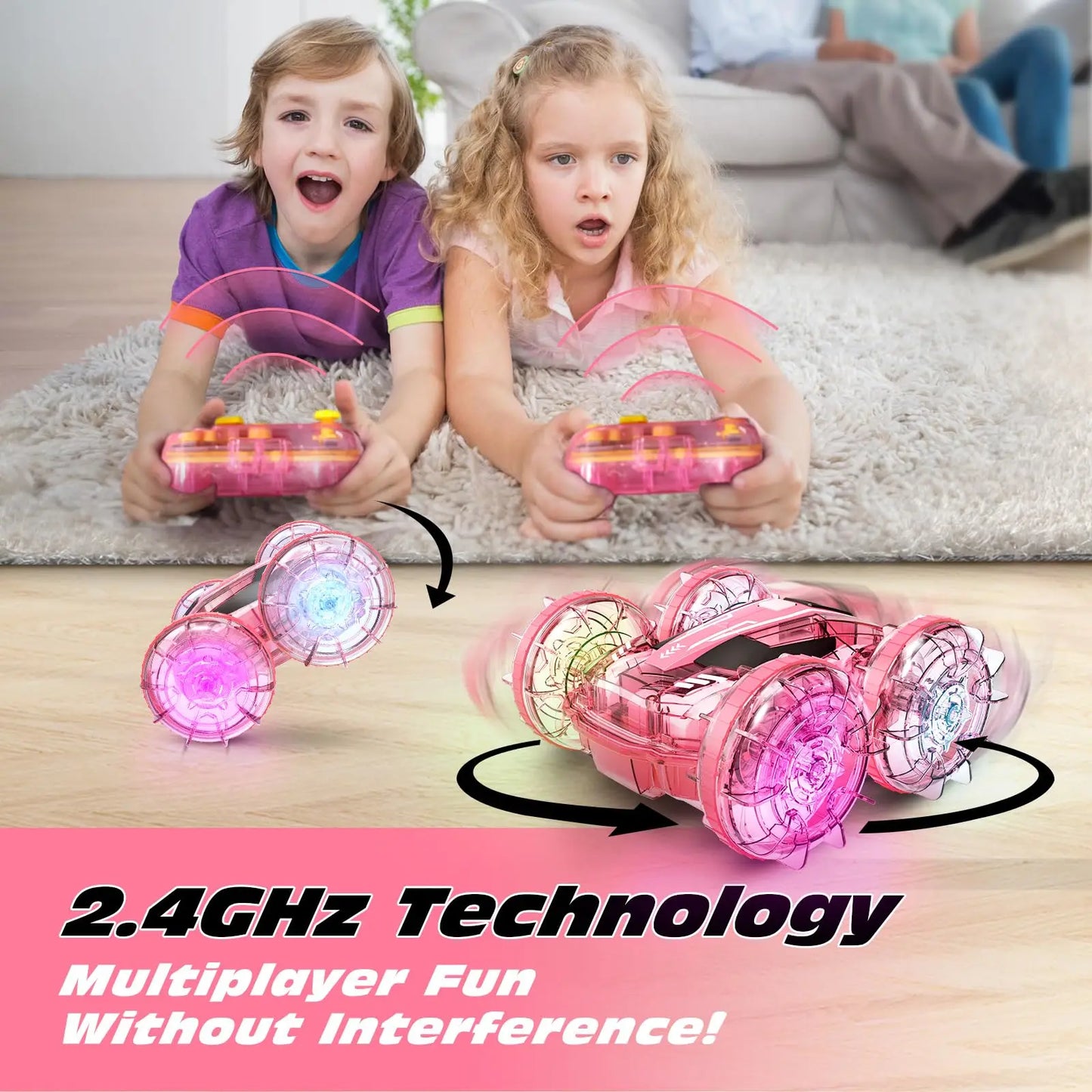 Amphibious Remote Control Car Boat for Kids, 4WD 2.4GHz Waterproof Gesture RC Stunt Cars with LED Lights, Pink Water Pool Toys