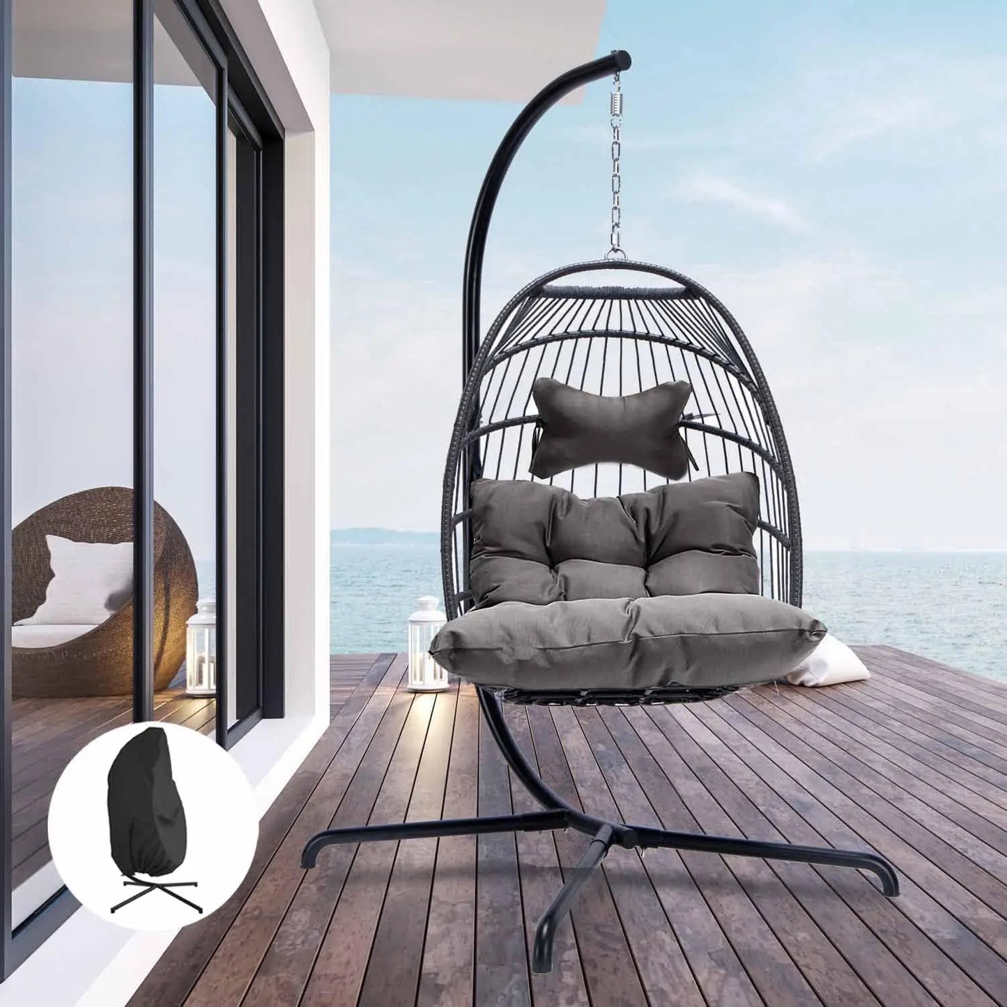 Swing Egg Chair Outdoor Indoor, Patio Wicker Hanging Egg Chairs with Stand, Swinging Hammock with Padded Cushions,