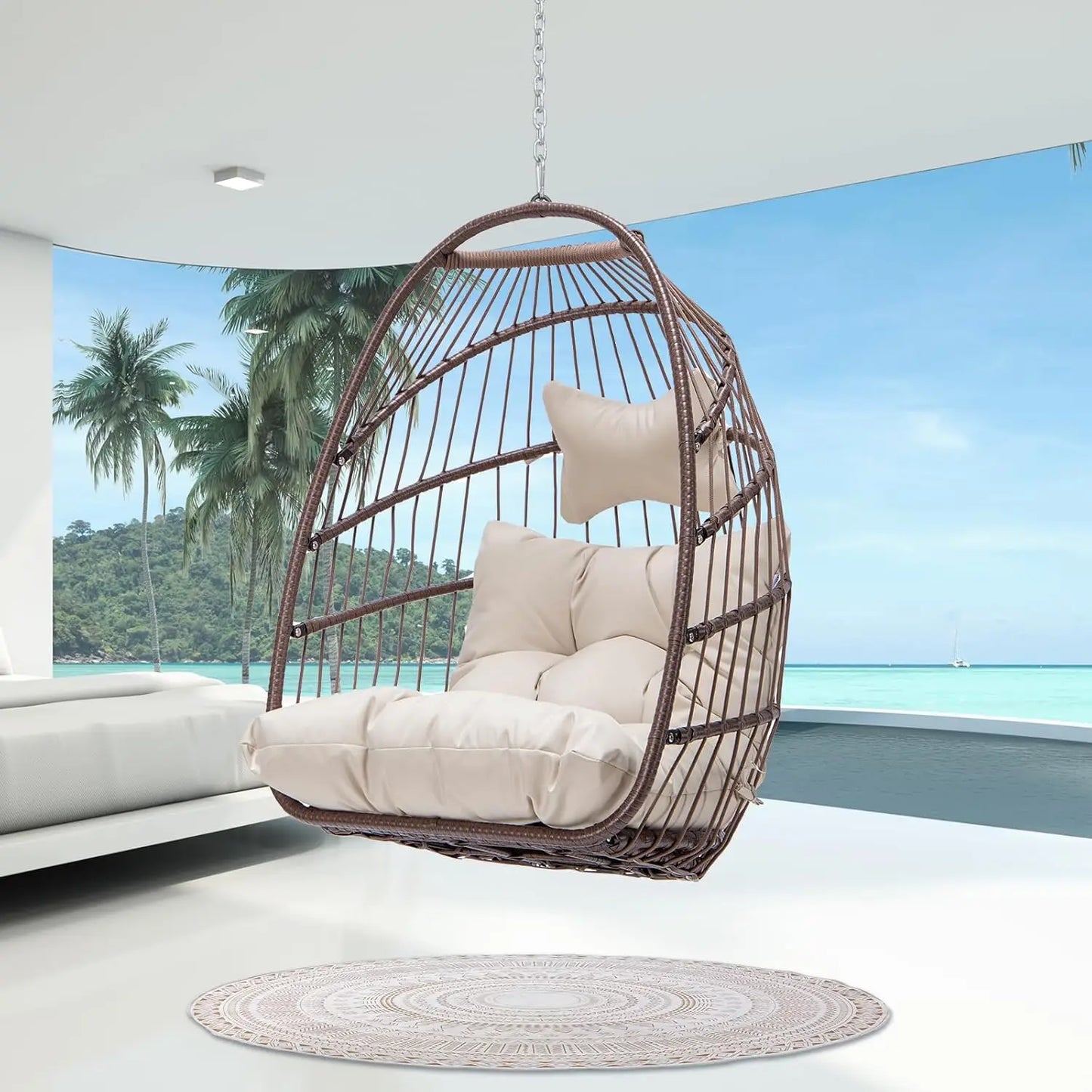 Swing Egg Chair Outdoor Indoor, Patio Wicker Hanging Egg Chairs with Stand, Swinging Hammock with Padded Cushions,