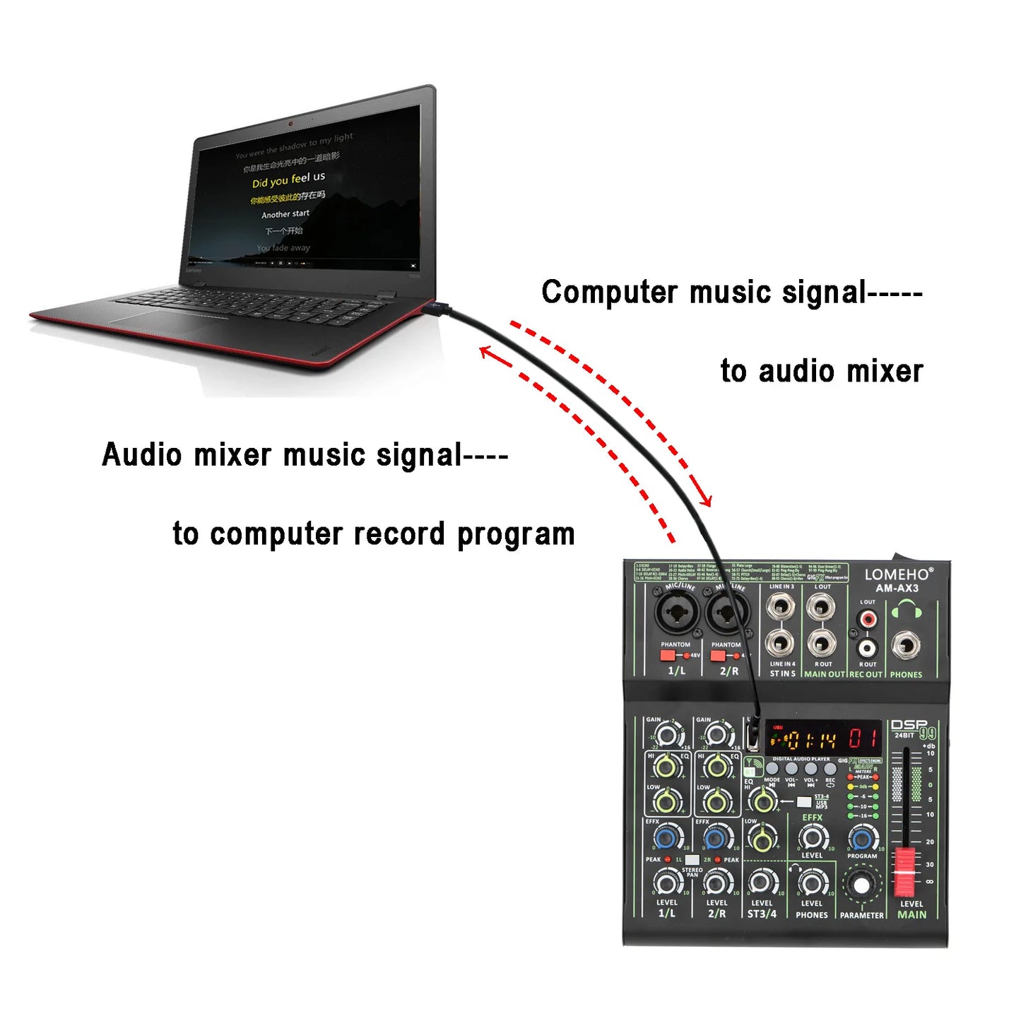 Lomeho 4 Channels Sound Mixer 48V 99 Digital Effect Portable Audio Table Bluetooth USB PC Record Mixing Console Church AM-AX3