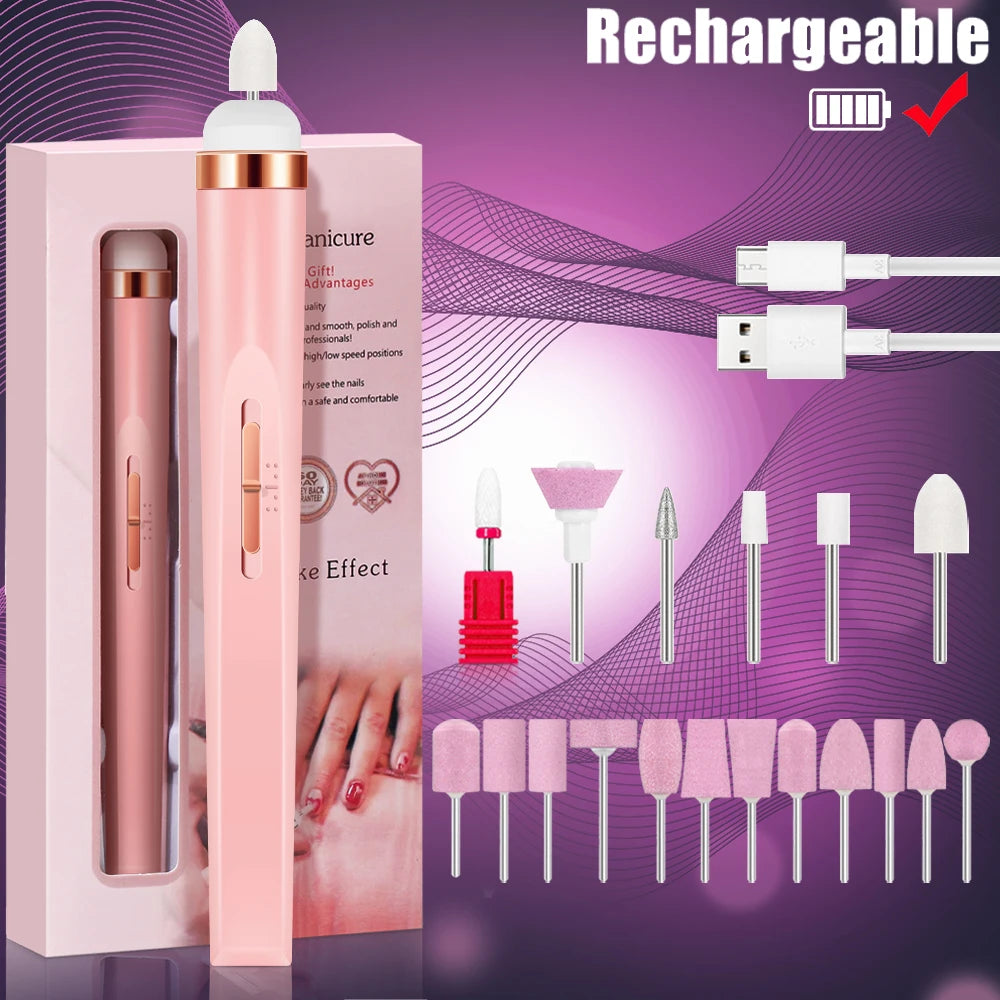 LULAA Portable Nail File Care Electric Nail Drill with 5 Attachment Drill Bits USB Charge for Manicure and Pedicure Tools
