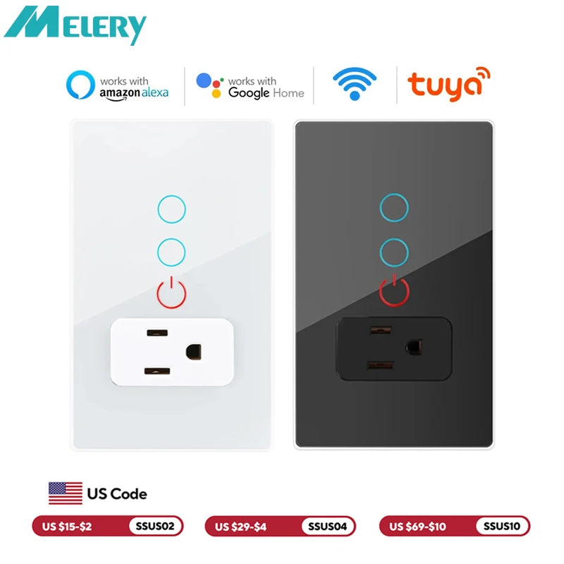 Melery Mexico Plug Wifi Smart Tuya Light Switch Intelligent US Wall Socket Outlet Touch Glass Panel Remote Alexa Google Home