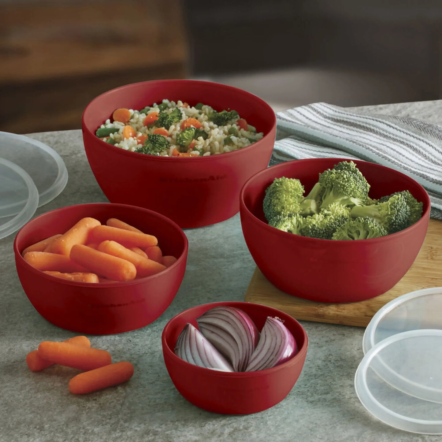 KitchenAid Set of 7 Plastic Prep and Mixing Bowls in Empire Red