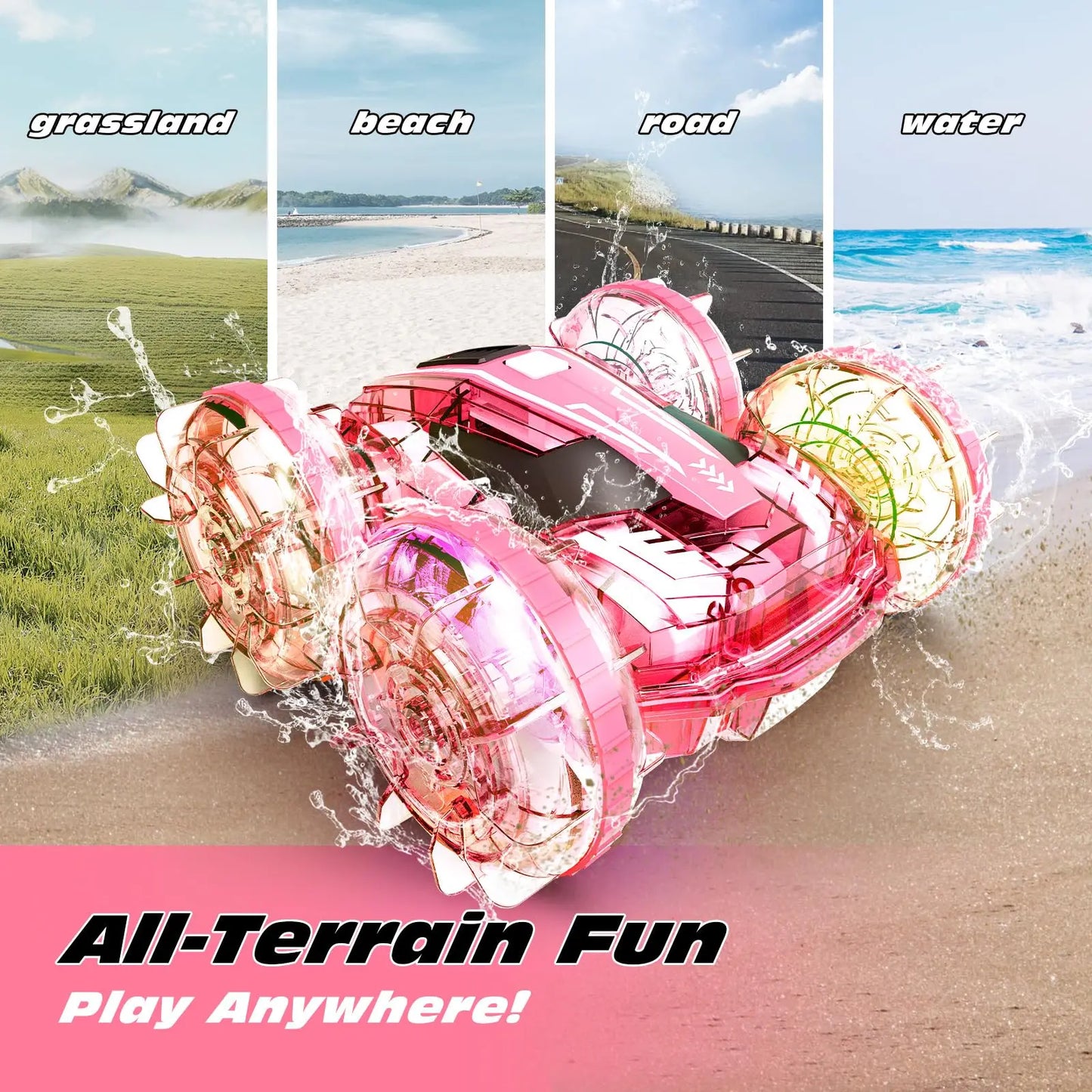 Amphibious Remote Control Car Boat for Kids, 4WD 2.4GHz Waterproof Gesture RC Stunt Cars with LED Lights, Pink Water Pool Toys