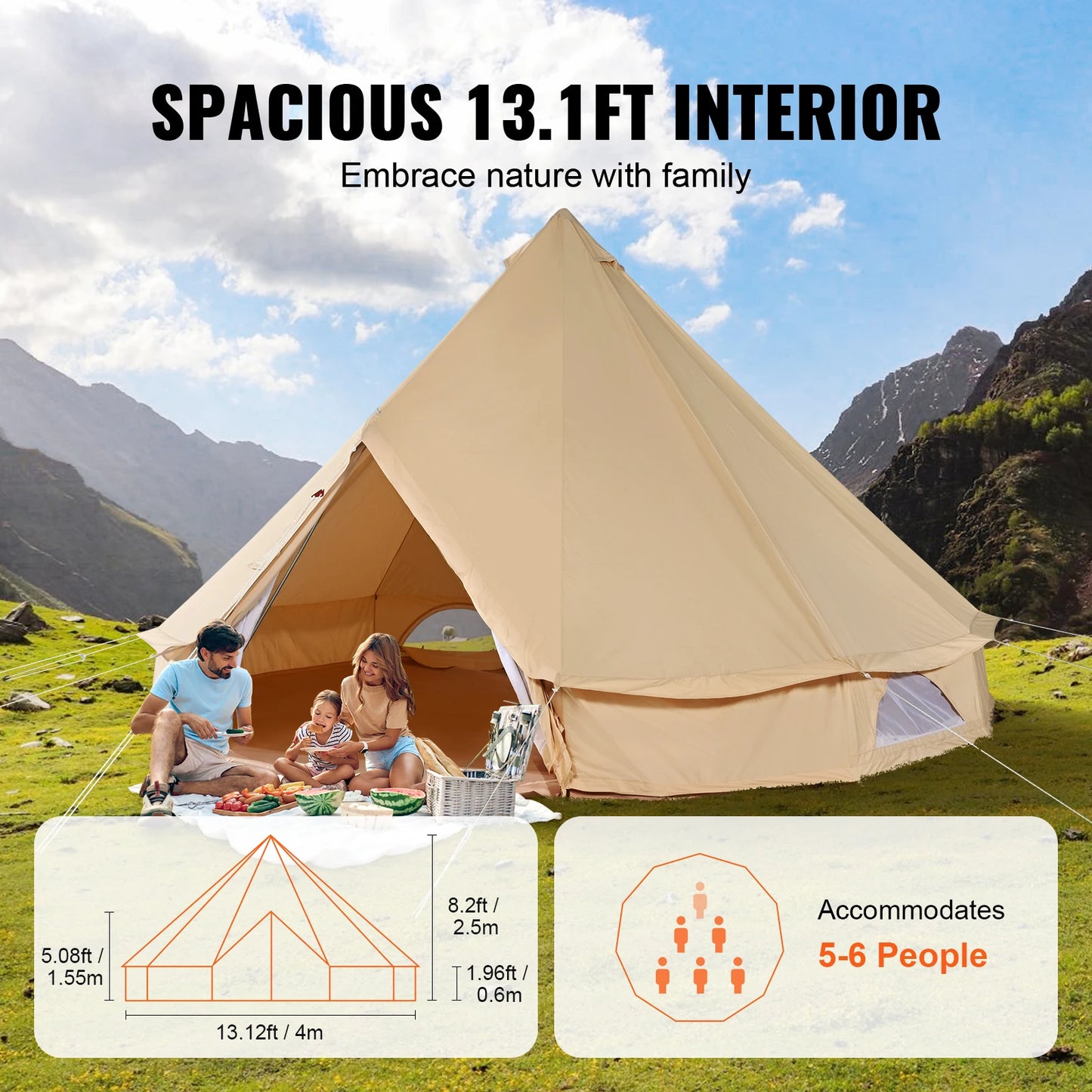 SucceBuy Canvas Bell Tent 4 Seasons 13.12 ft Yurt Tent Canvas Tent for Camping with Stove Jack Breathable Tent Holds 6 People