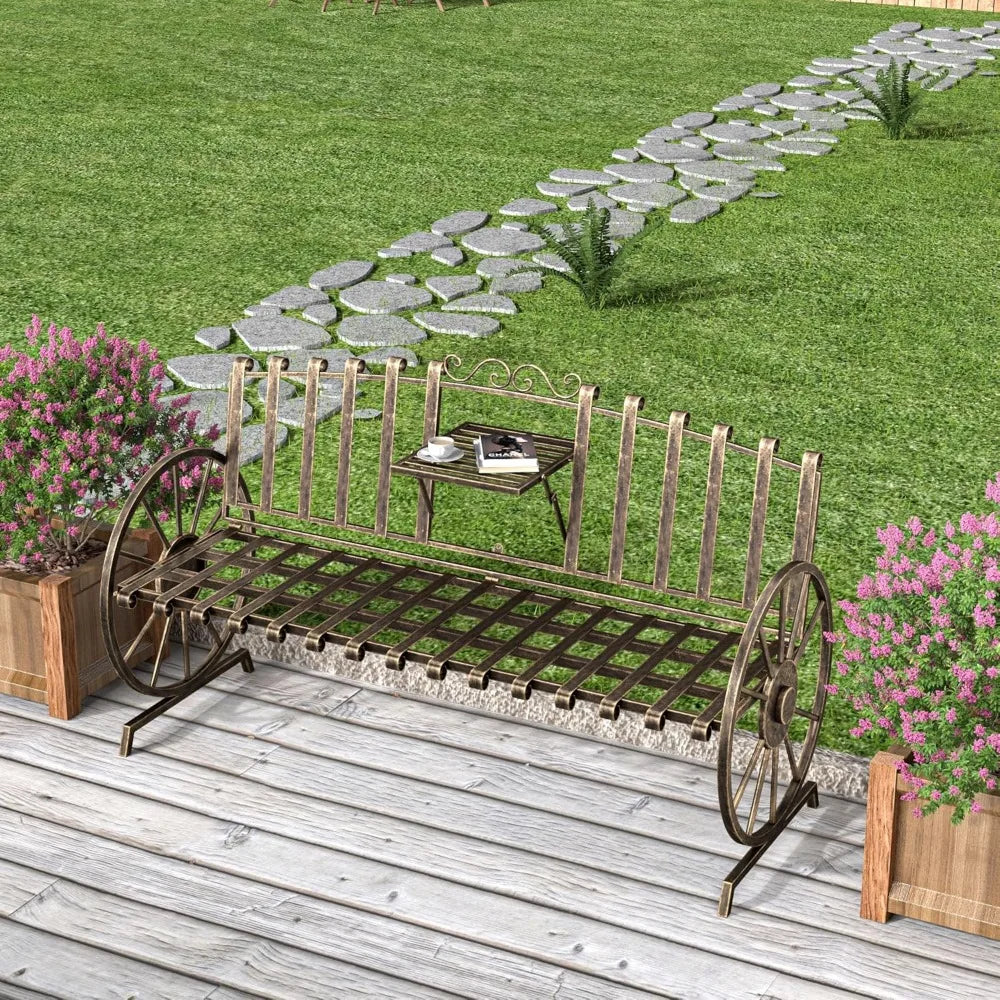 Outdoor Bench Patio Outdoor Garden Bench with Built-in Table, Wagon Wheel Arms, 3 People Outdoor Bench Garden Bench Front Porch