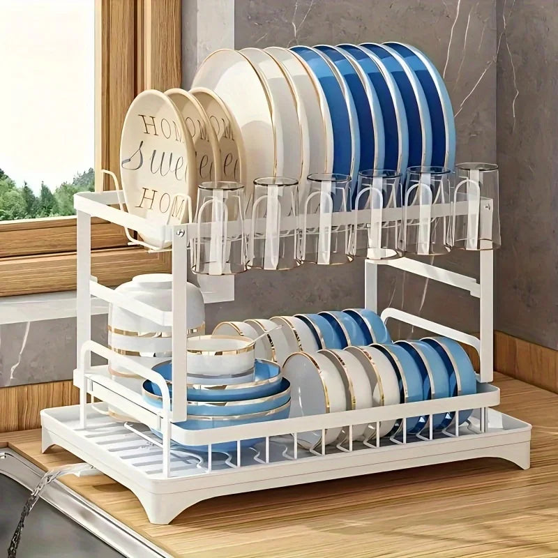Dish Drying Rack Multifunctional Kitchen With Drainboard, Space-Saving 2-Tier Dish Drying Rack With Utensil Holder