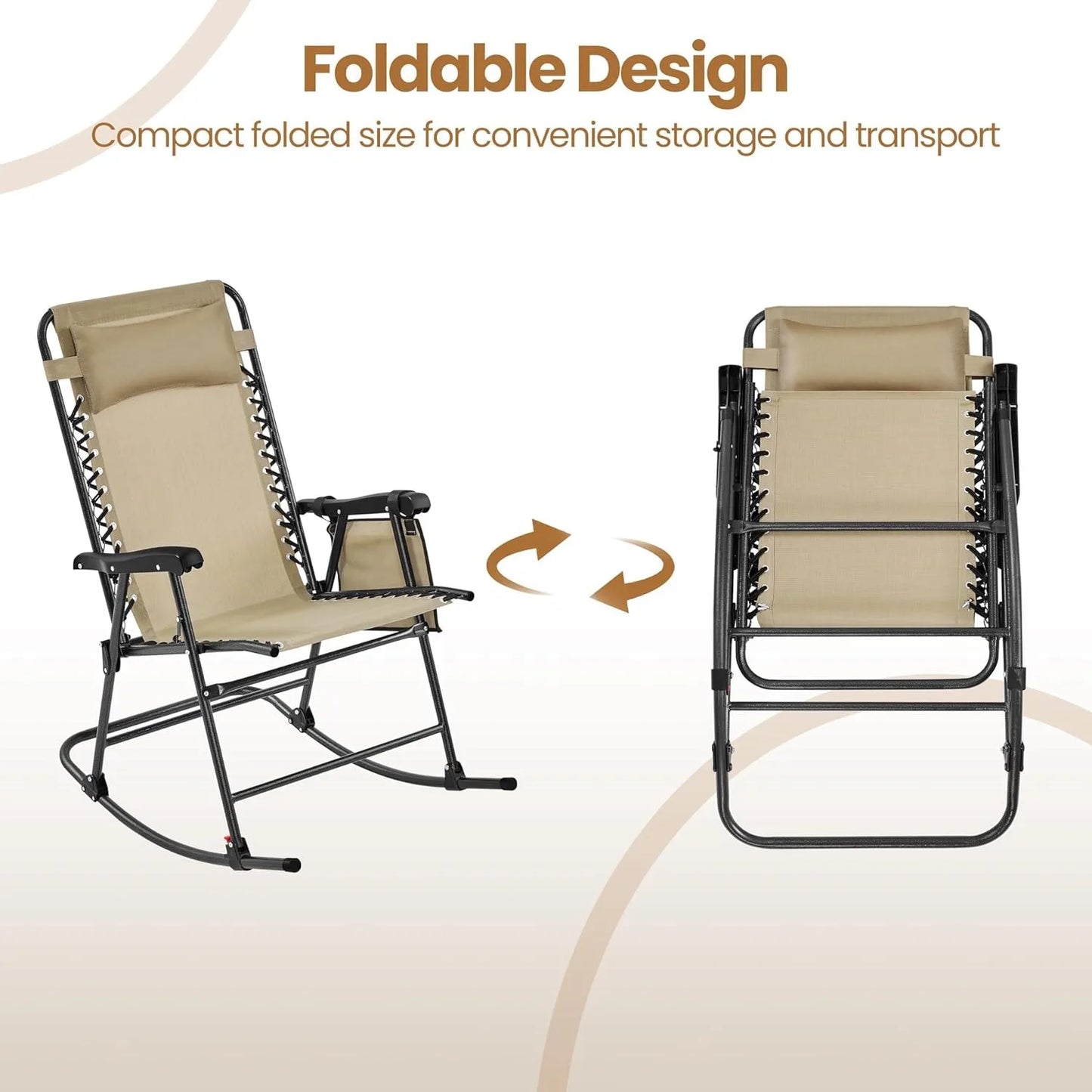 26in Rocking Chair Outdoor Zero Gravity Folding Chairs Rocking Chairs Foldable Outdoor Reclining Lounge Chair for Outside Lawn