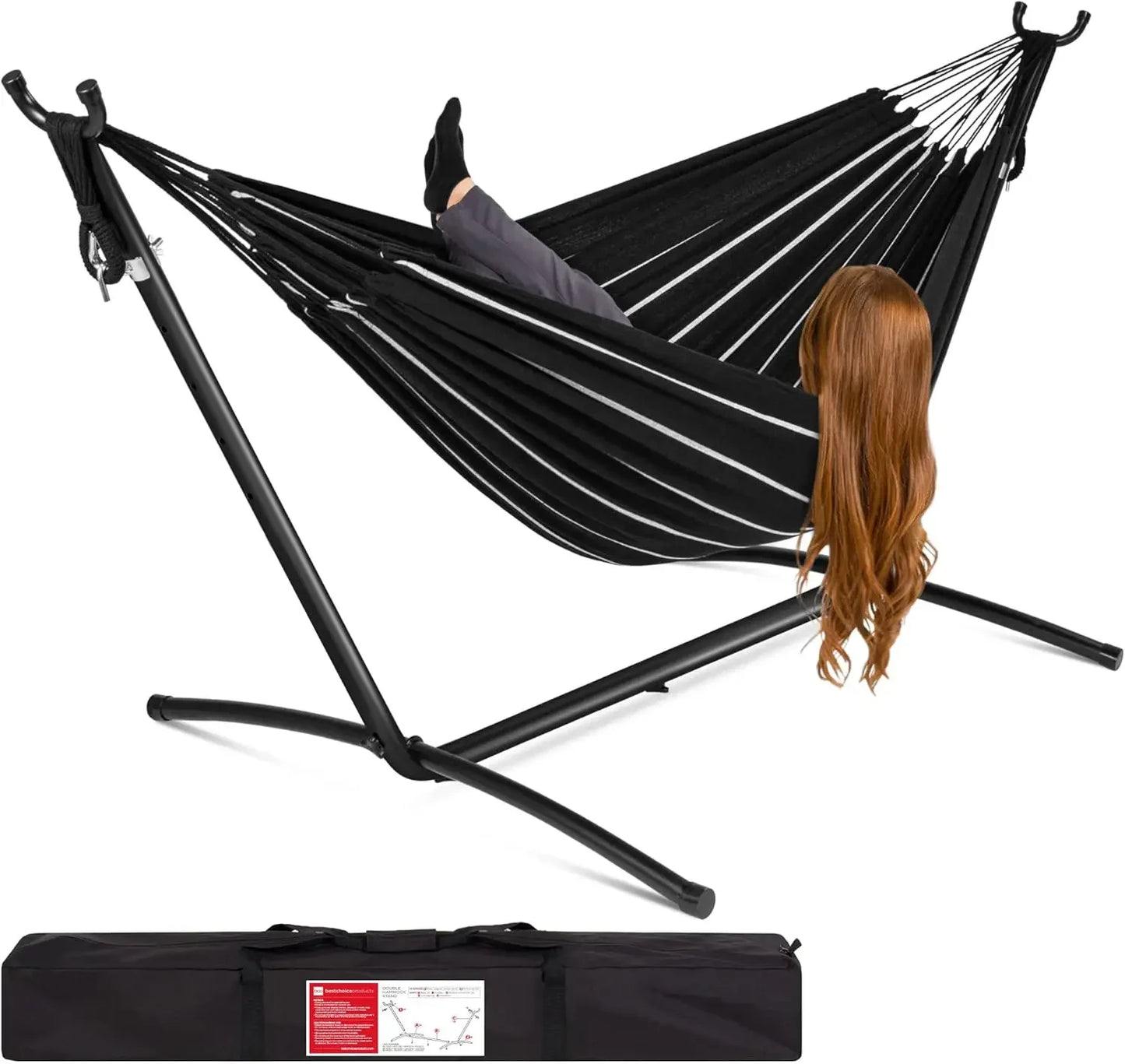 Double Hammock with Steel Stand, Indoor Outdoor Brazilian-Style Cotton Bed w/Carrying Bag