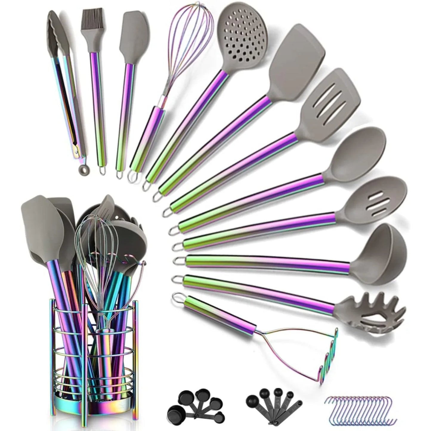 38 Piece Silicone kitchen Cooking Utensils Set with Utensil Crocks, Silicone Head and Stainless Steel Handle Cookware