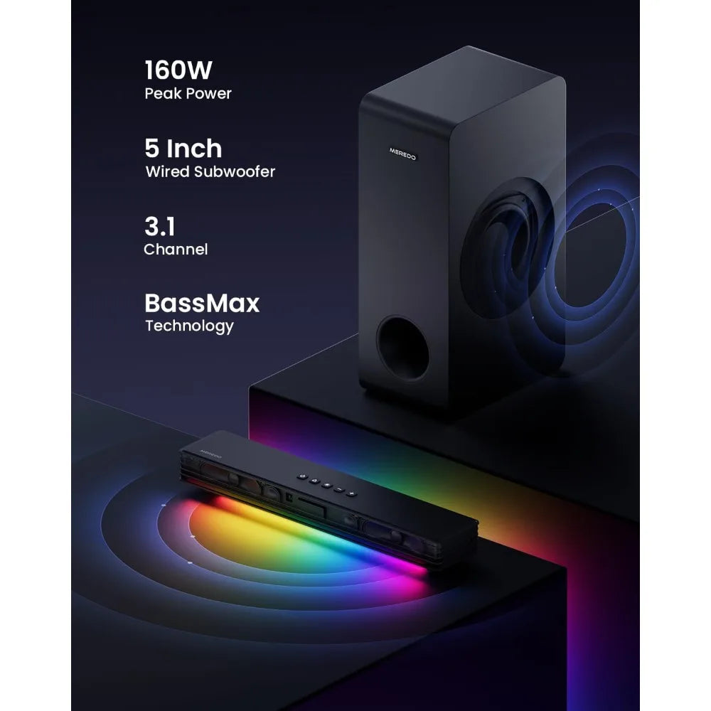 Sound Bar for Smart TV 3.1CH PC Gaming Soundbar with Subwoofer RGB Lighting Audio Sync Surround Sound System BT 5.3/HD-ARC/Opti