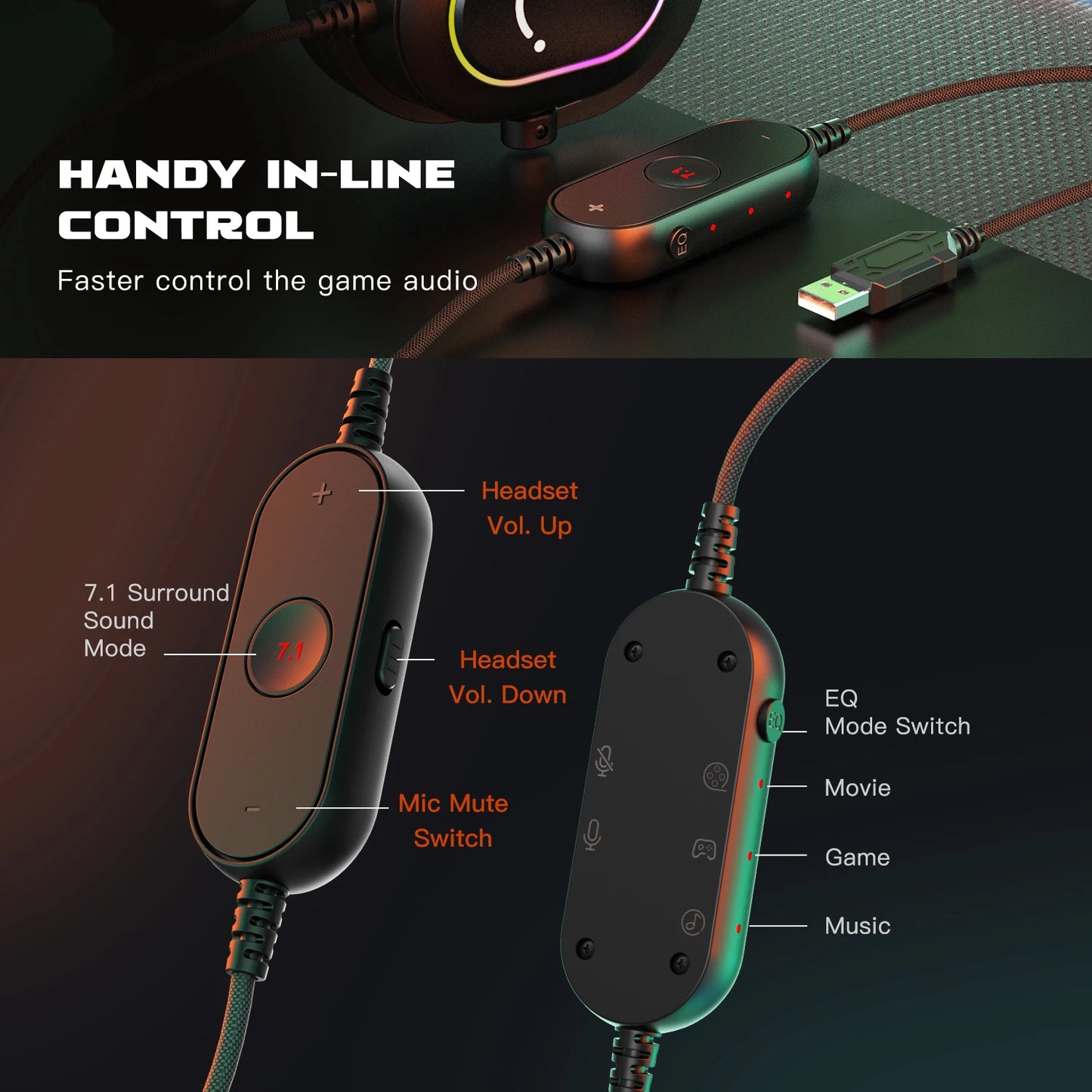 Fifine Dynamic RGB Gaming Headset with Mic Over-Ear Headphones 7.1 Surround Sound PC PS4 PS5 3 EQ Options Game Movie Music