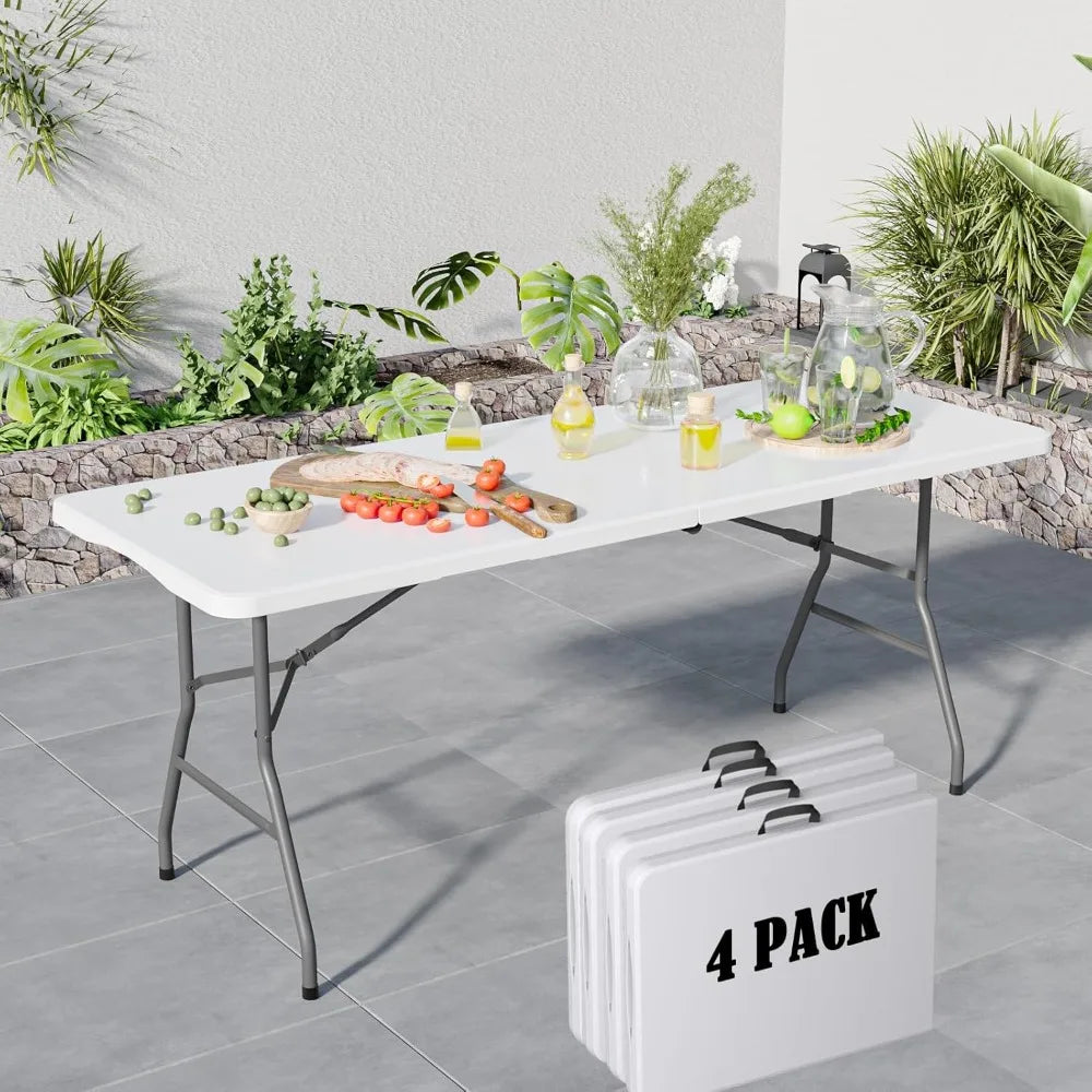 Folding Table 6FT, No Assembly Required Outdoor Picnic Table Thickened HDPE Panel, Office Foldable Table with Handle & Lock for