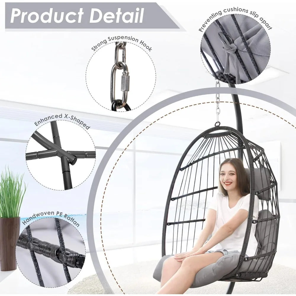Swing Egg Chair Outdoor Indoor, Patio Wicker Hanging Egg Chairs with Stand, Swinging Hammock with Padded Cushions,