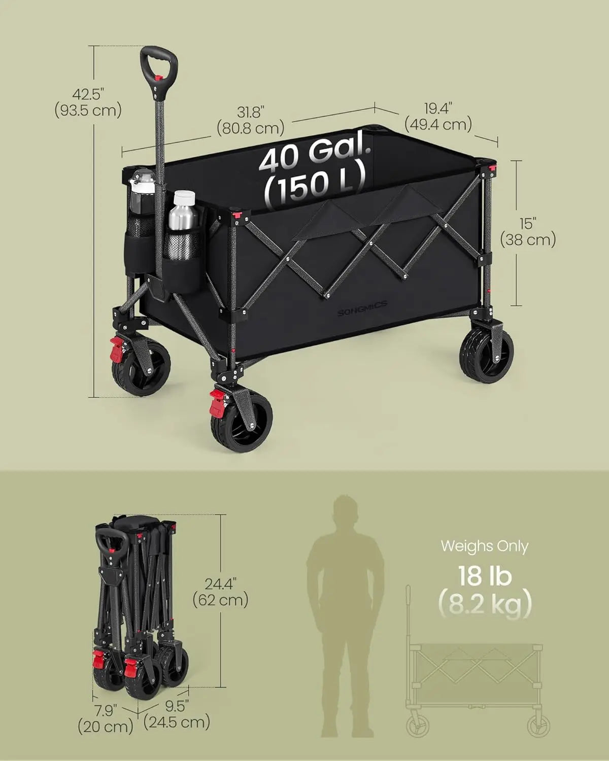 40-Gallon Collaspible Wagon Wagons Carts Foldable for Camping Garden Outdoor with Handle Holds up to 330 lb 4 Removable Wheels S