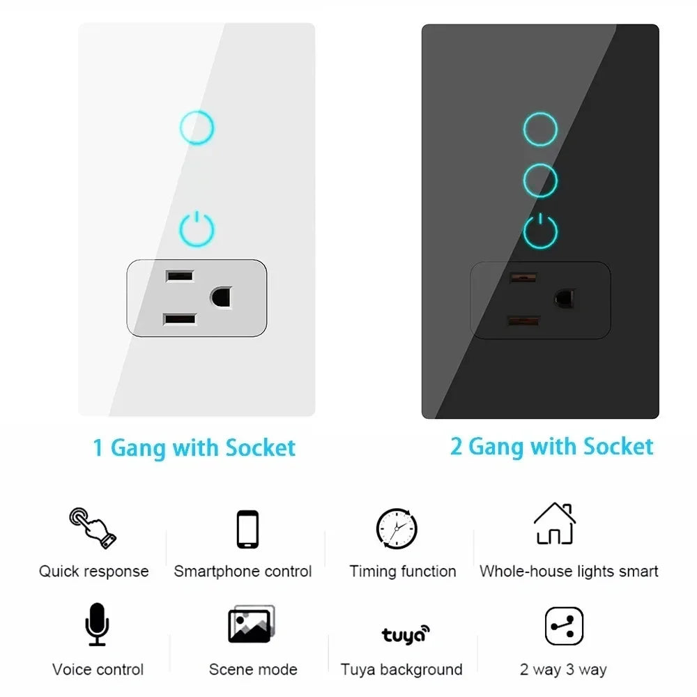 Melery Mexico Plug Wifi Smart Tuya Light Switch Intelligent US Wall Socket Outlet Touch Glass Panel Remote Alexa Google Home