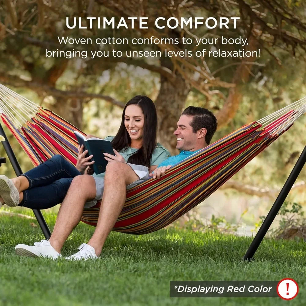 Double Hammock with Steel Stand, Indoor Outdoor Brazilian-Style Cotton Bed w/Carrying Bag