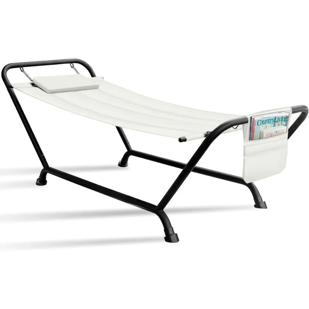 Cozy Hammock Bed- Patio Hammock with Stand w/Pillow and Storage Pockets- Heavy Duty 500lbs Support- Durable Outdoor Hammo