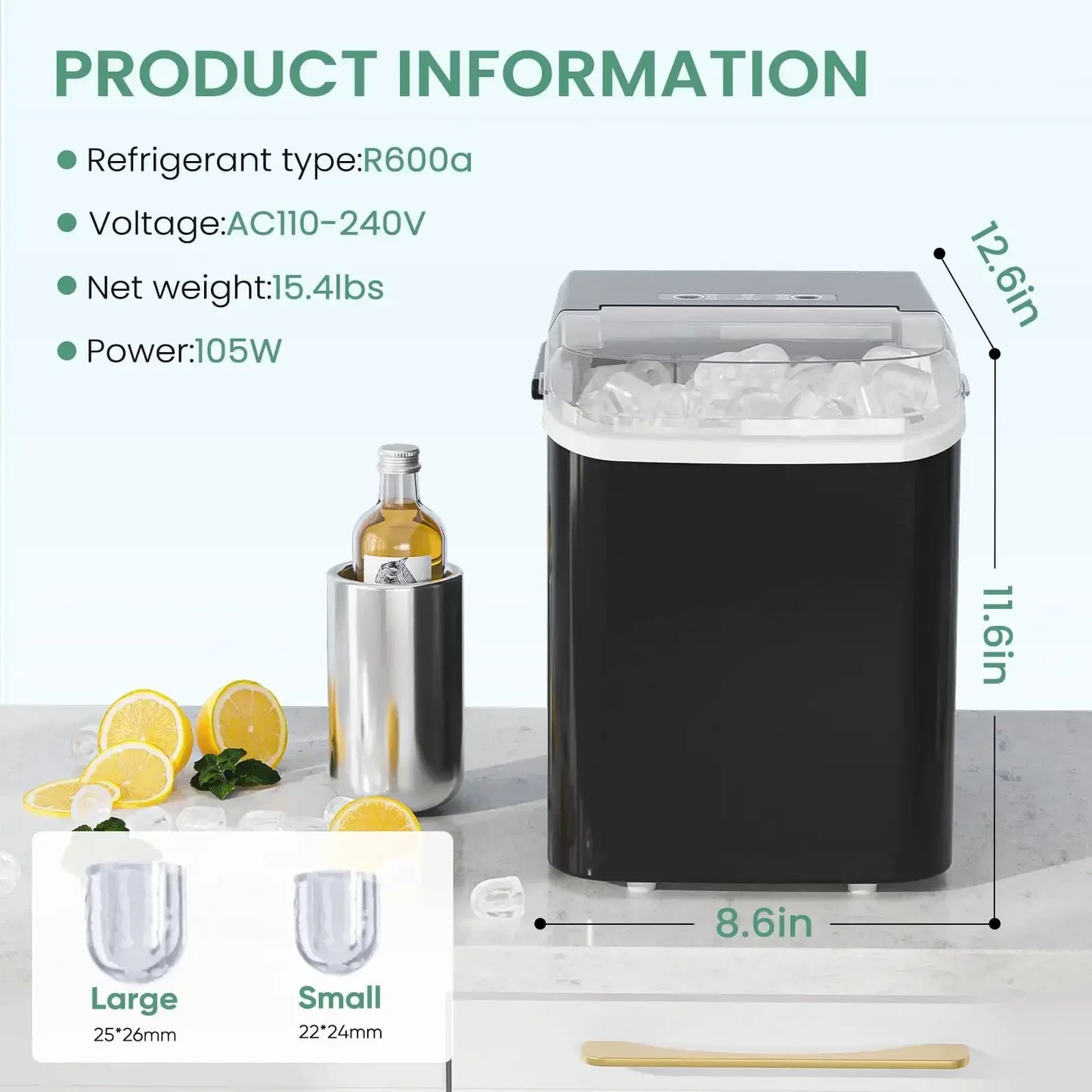 Countertop Ice Maker, Machine Self-Cleaning, 2 Sizes Bullet Ice, Portable Ice Machine with Ice Scoop, Basket and Handle, Black