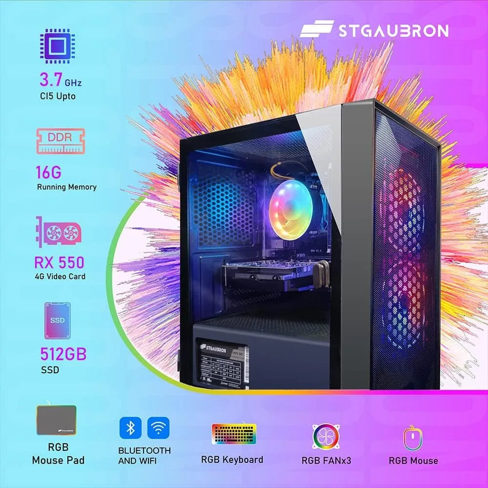 Prebuilt Gaming PC Desktop, AMD Radeon RX 550 4G GDDR5, Intel Core I5 3.3Ghz up to 3.7Ghz, 16G Ram, 512G SSD, WiFi