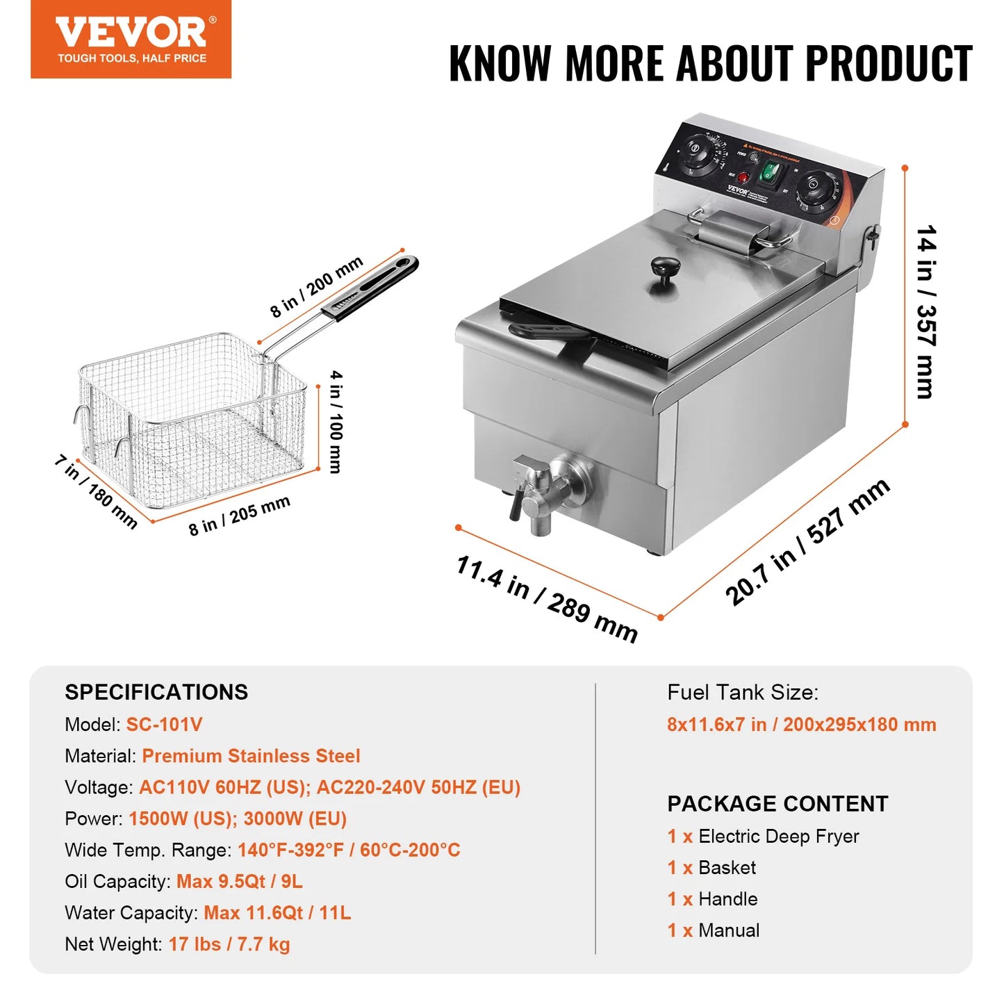 VEVOR Commercial Deep Fryer Electric Countertop Fryer with Basket 11.6Qt Stainless Steel Single Oil Fryer w/Time & Temp Control